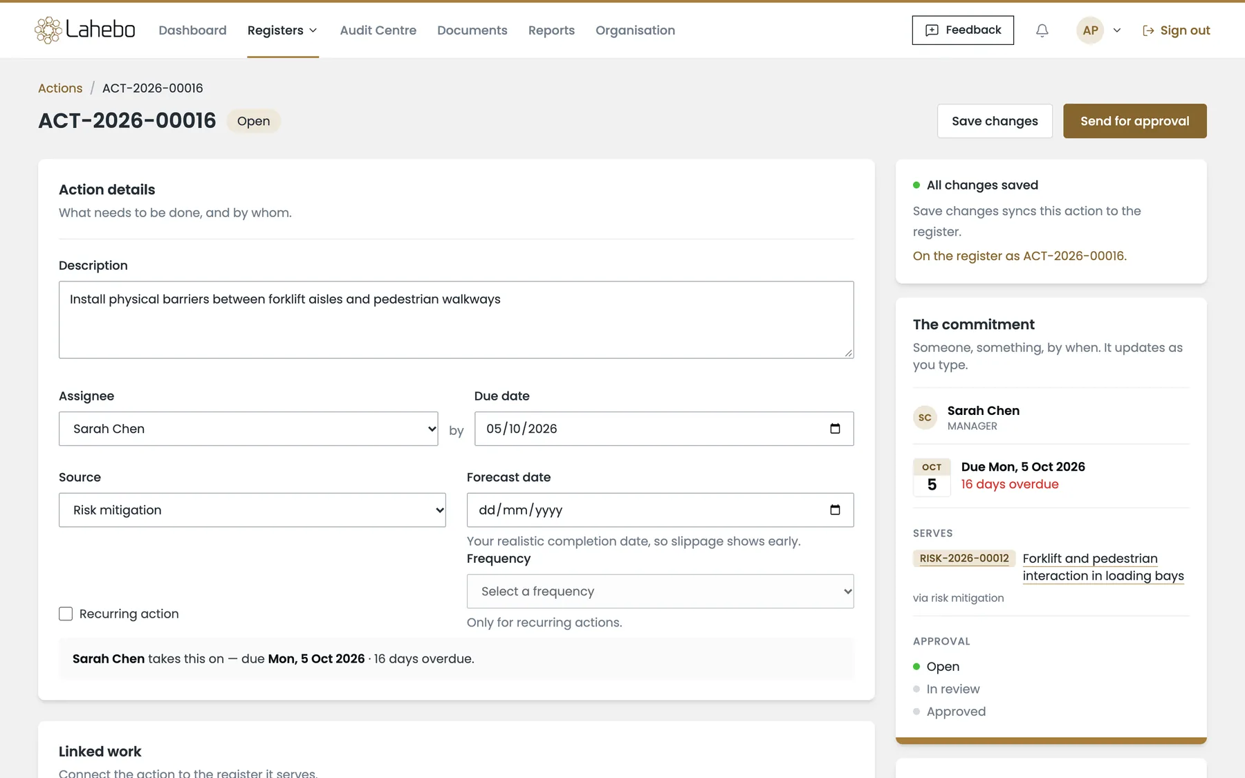 An action created from a risk, with assignee, due date and approval status
