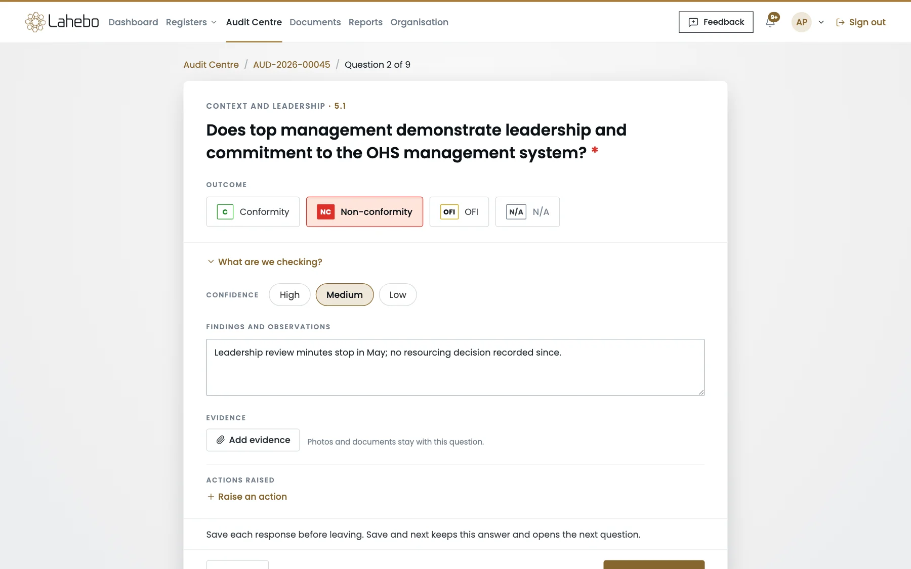 An audit question answered as a non-conformity with confidence, findings, evidence and the action to raise