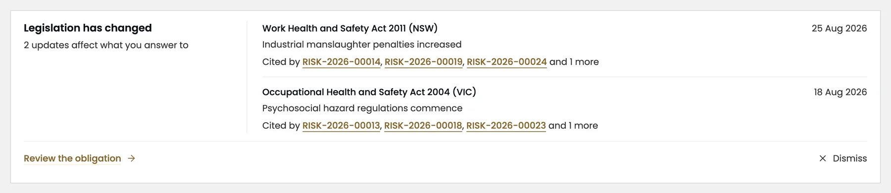 Dashboard alert showing legislation changes and the risks that cite them