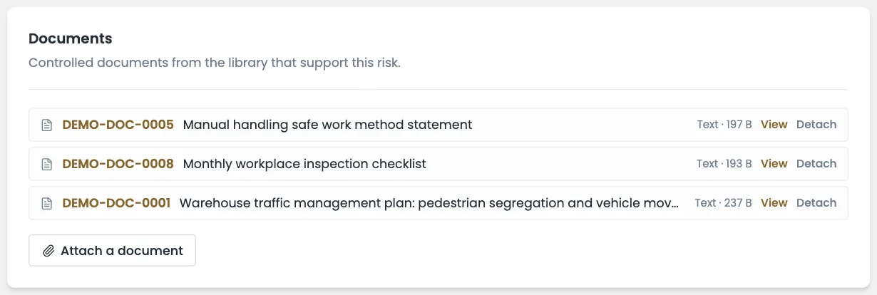 Three controlled documents attached to a risk, each one click from the record