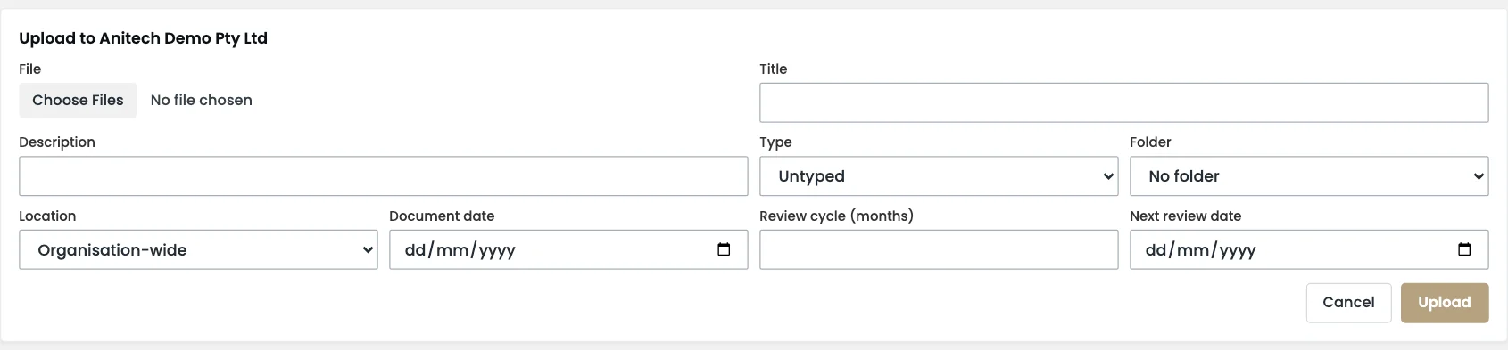 Upload form with title, description, type, folder, location, document date, review cycle and next review date