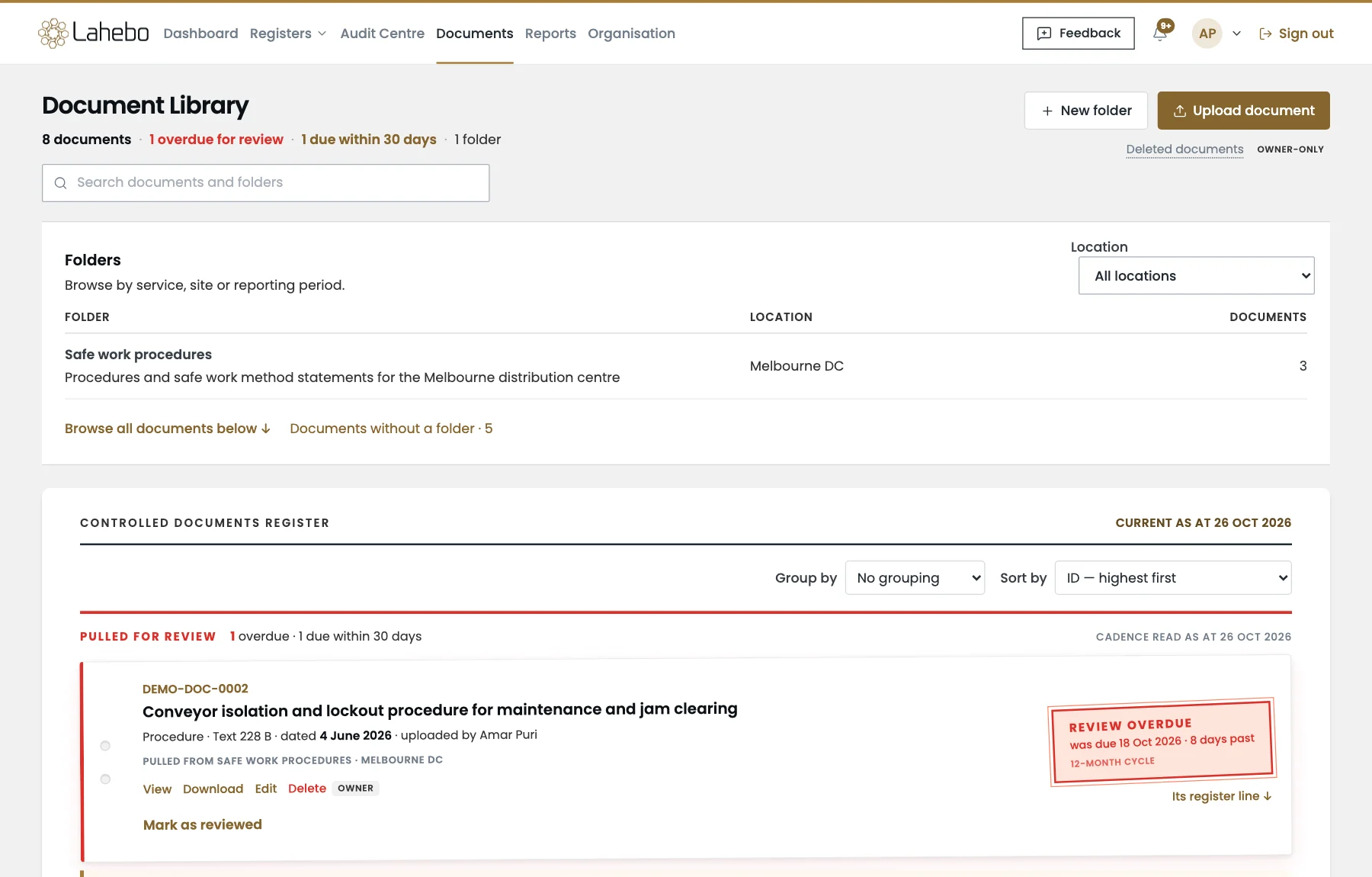 Document Library with folders by site, the controlled documents register and a document pulled for review