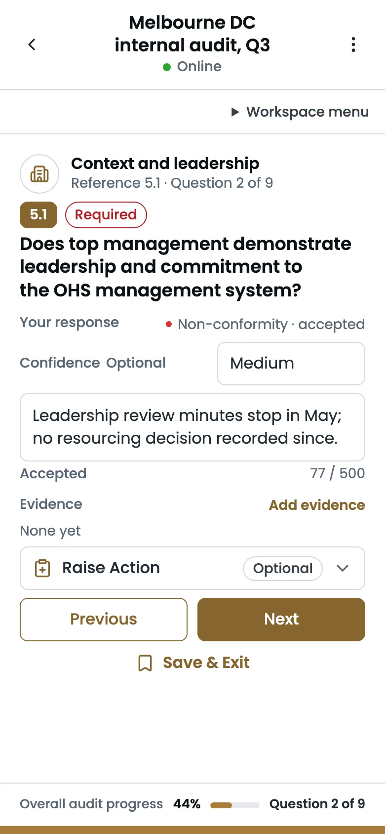 One audit question on a phone: the response, confidence, findings, evidence and the option to raise an action