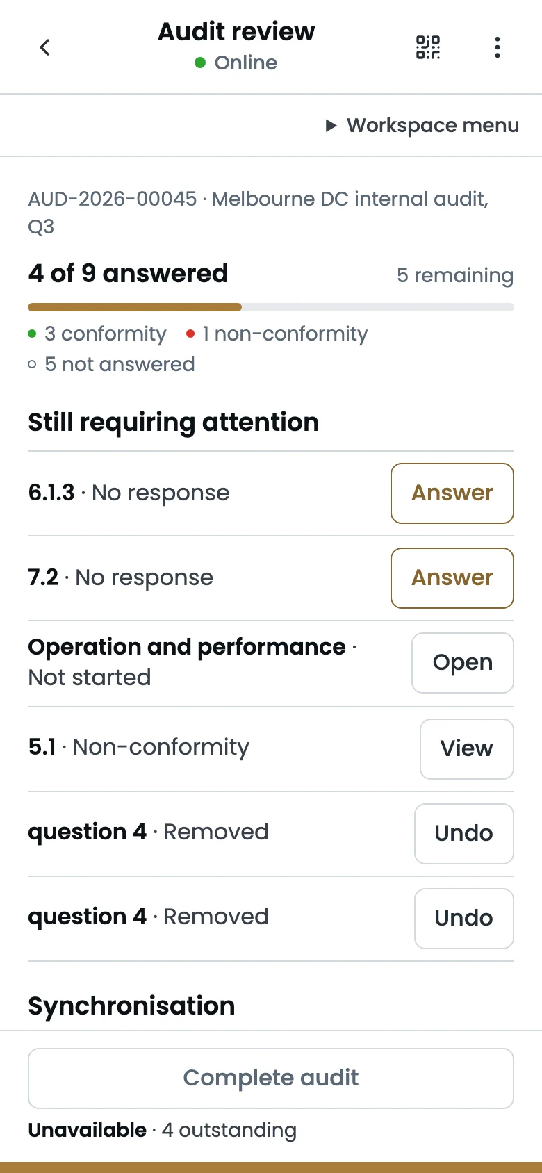 Audit review on a phone: what is answered, what still needs attention, synchronisation and completion