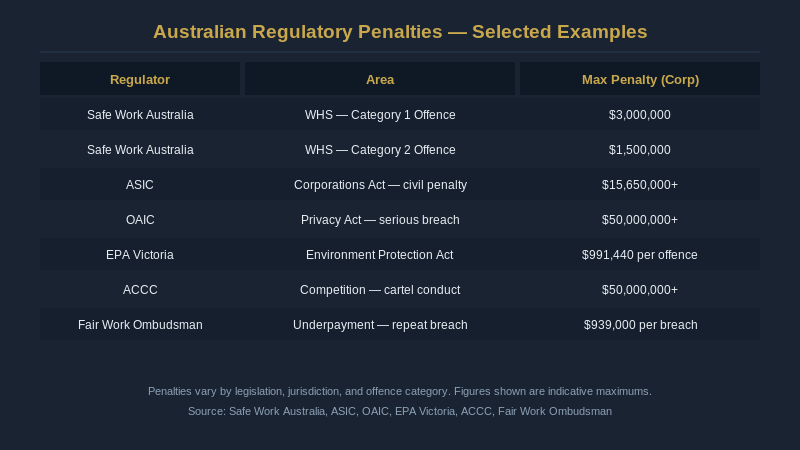 Australian regulatory penalties comparison table, WHS, ASIC, OAIC, EPA, ACCC, Fair Work