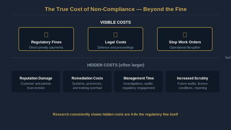 The true cost of non-compliance, visible fines versus hidden costs including reputation and remediation