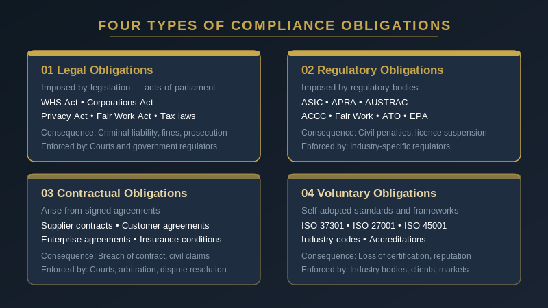 The four types of compliance obligations in Australia: legal, regulatory, contractual, and voluntary