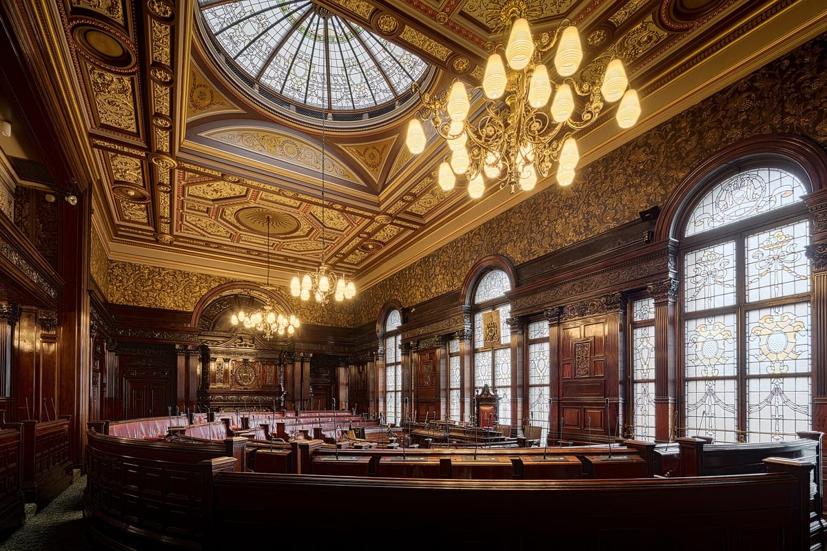 A council chamber, benches arranged around the floor under a vaulted ceiling